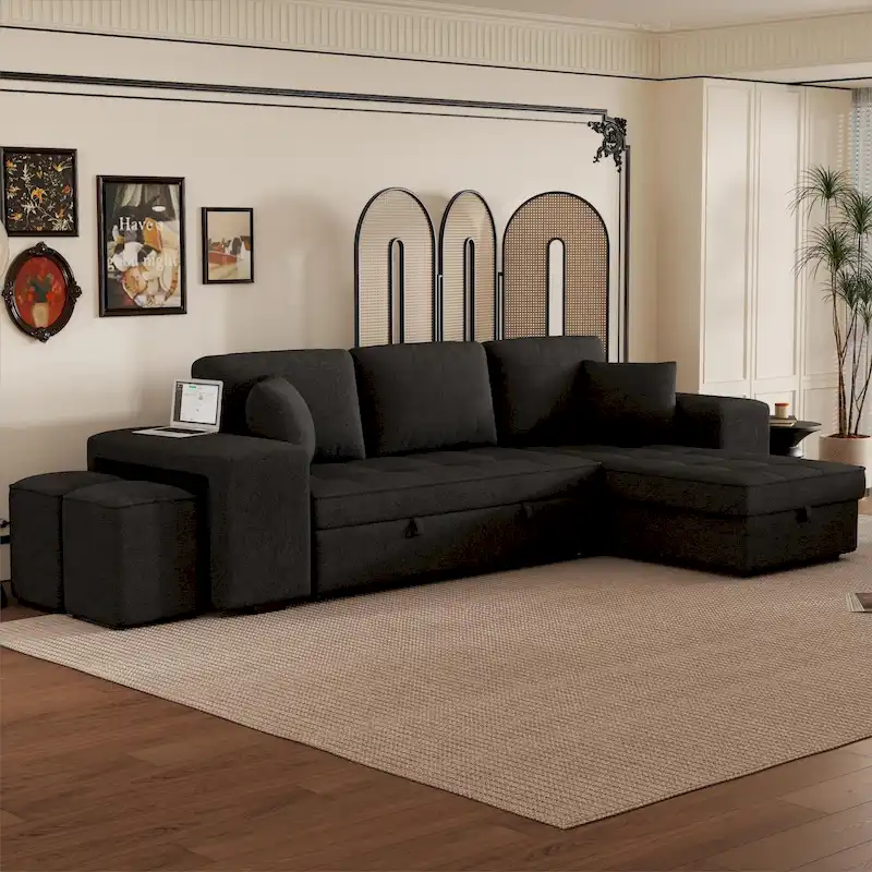 104  Modern L-Shape 3 Seat Reversible Sectional Couch, Pull Out Sleeper Sofa with Storage Chaise and 2 Stools