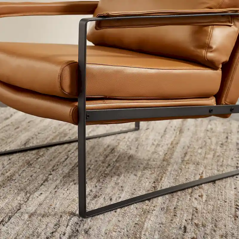 Mid-Century Leather Accent Chair, Brown/Khaki, Metal Frame, Seats 1