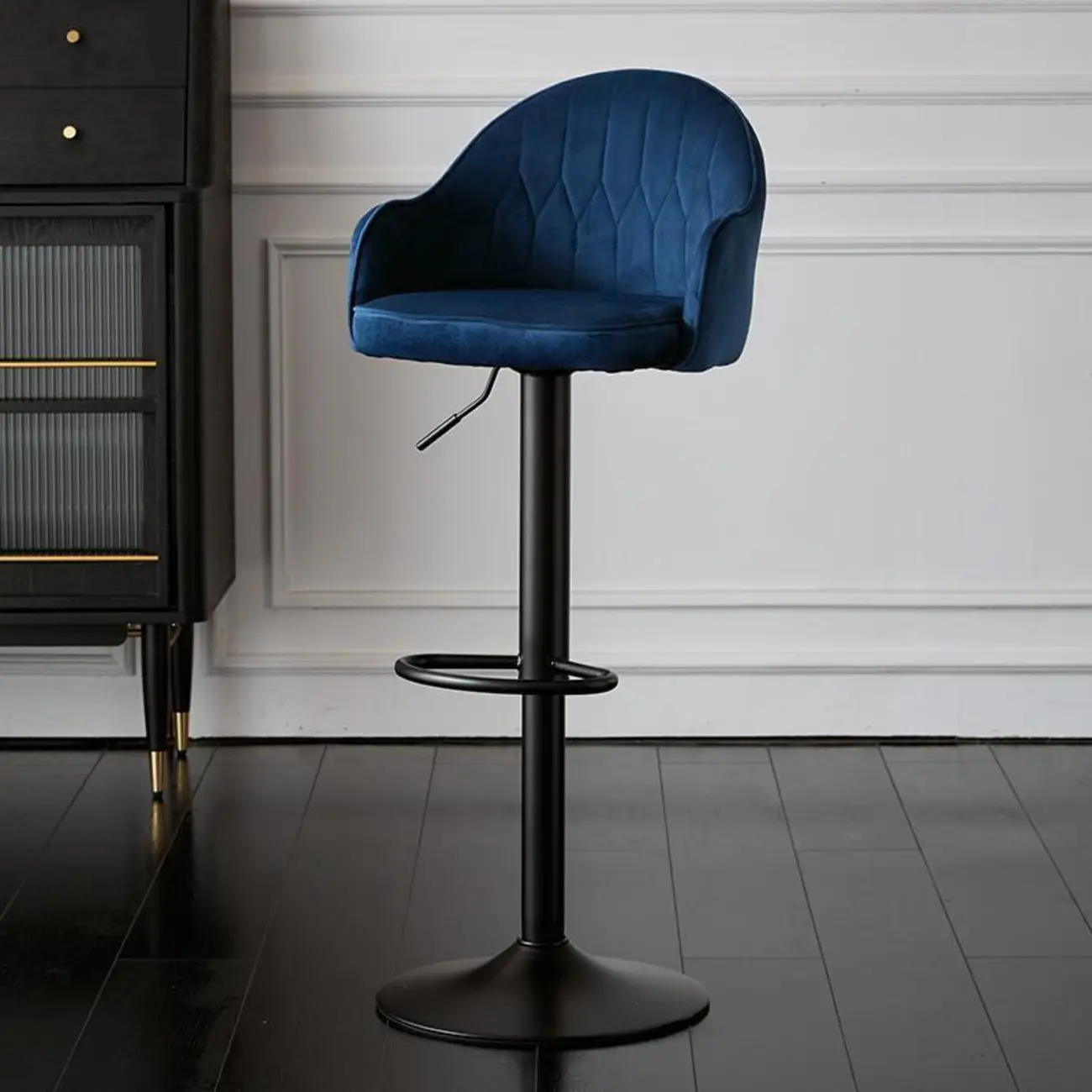 Swivel Upholstered Adjustable Height Home Armed Barstool with Metal Base