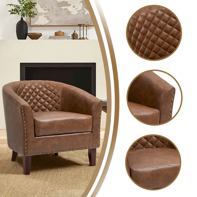 2 Set Vegan Leather Barrel Accent Chairs with Nailheads Trim