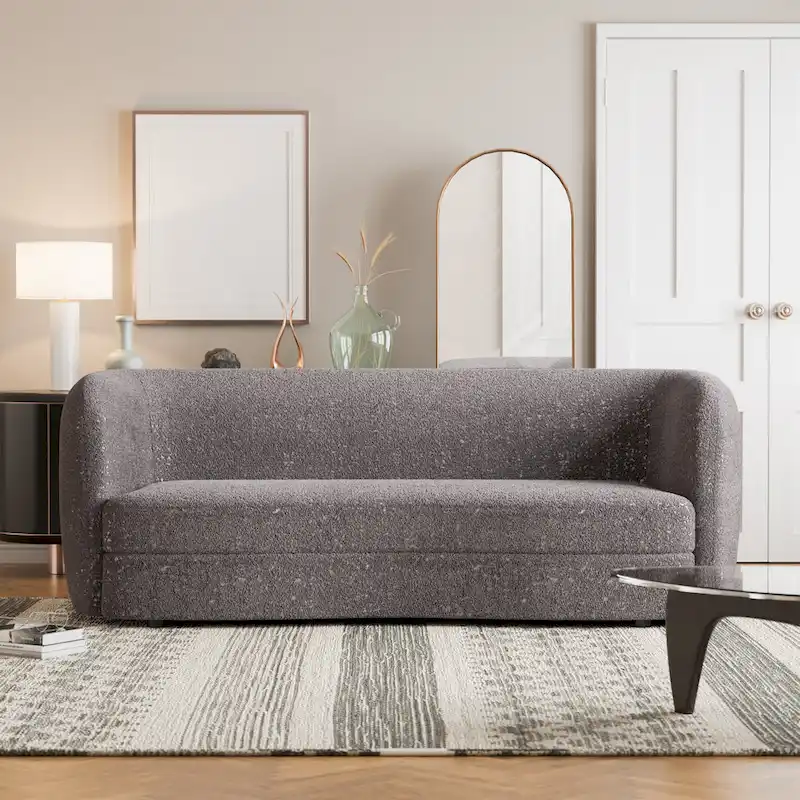 Modern Curved Arms Boucle Sofa Couch with Kidney Style Seat and Round Wooden Legs