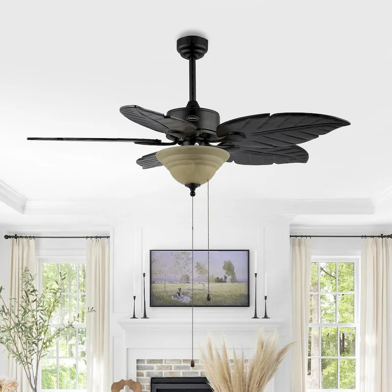 Owen 52  3-Light Coastal Bohemian Iron/Wood Palm Leaf LED Ceiling Fan with Pull Chain, by JONATHAN Y