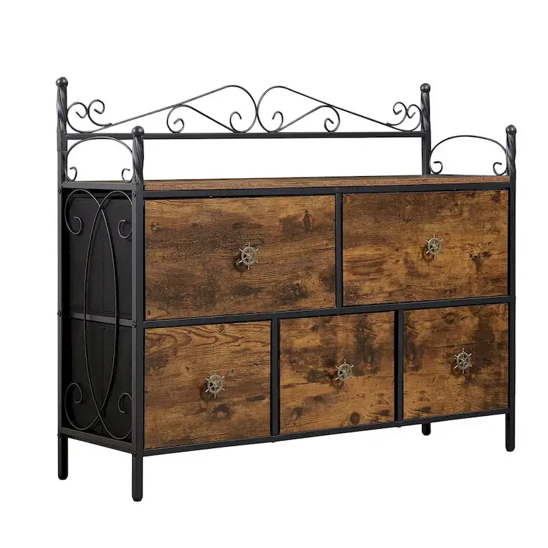 4-Pieces Bedroom Set with Drawer and Nightstands Set of 2, 5-Drawer Dresser, Brown/Grey Set