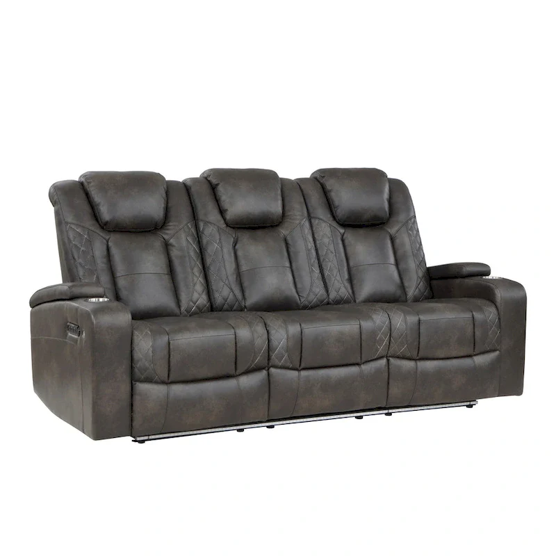 Mia 83 Inch Power Double Recliner Sofa, Gray Faux Leather, USB, Drop Table