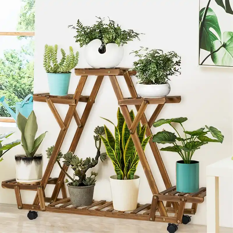 Movable Outdoor Ladder Plant Stand Garden Wood Rack with 6 Tiers