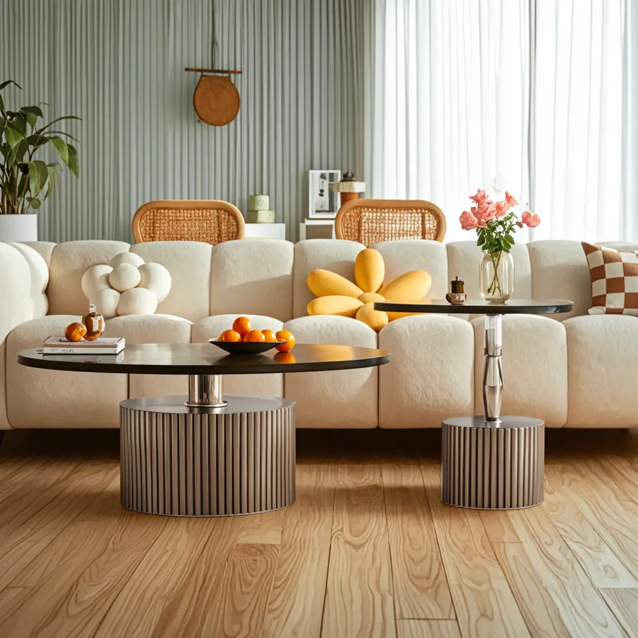 Modern Waterproof Glass Round Coffee Table with Silver Base