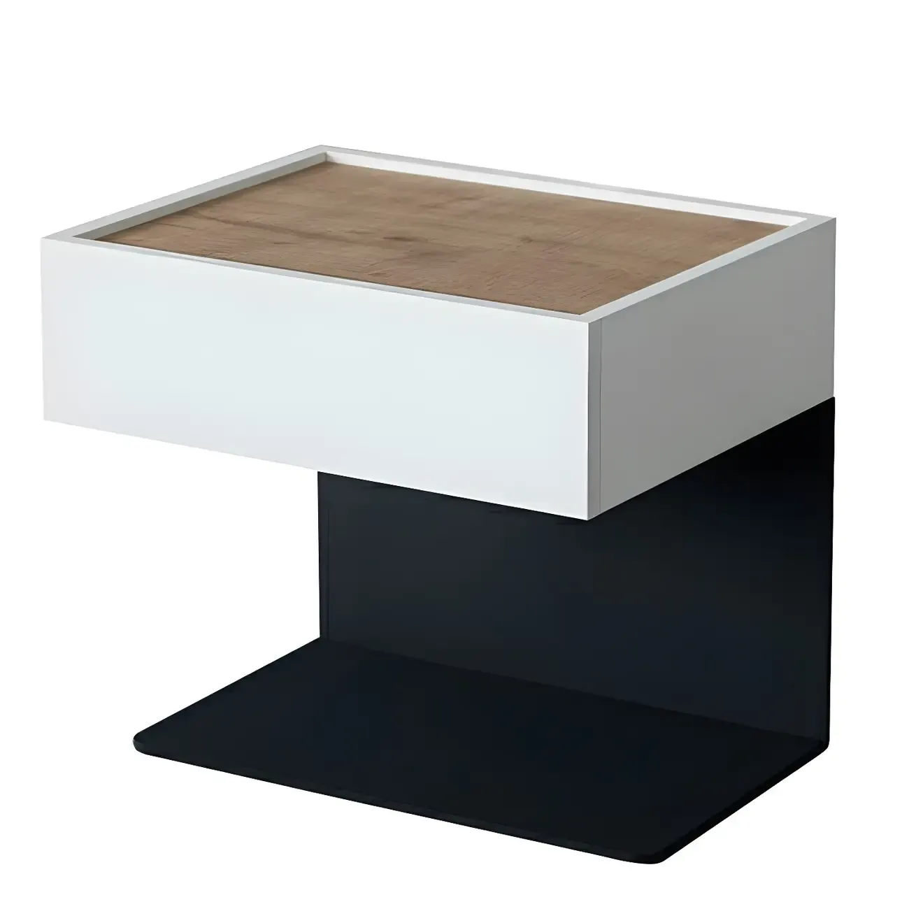 Black Steel Wood C-Shaped Drawer Nightstand with Light