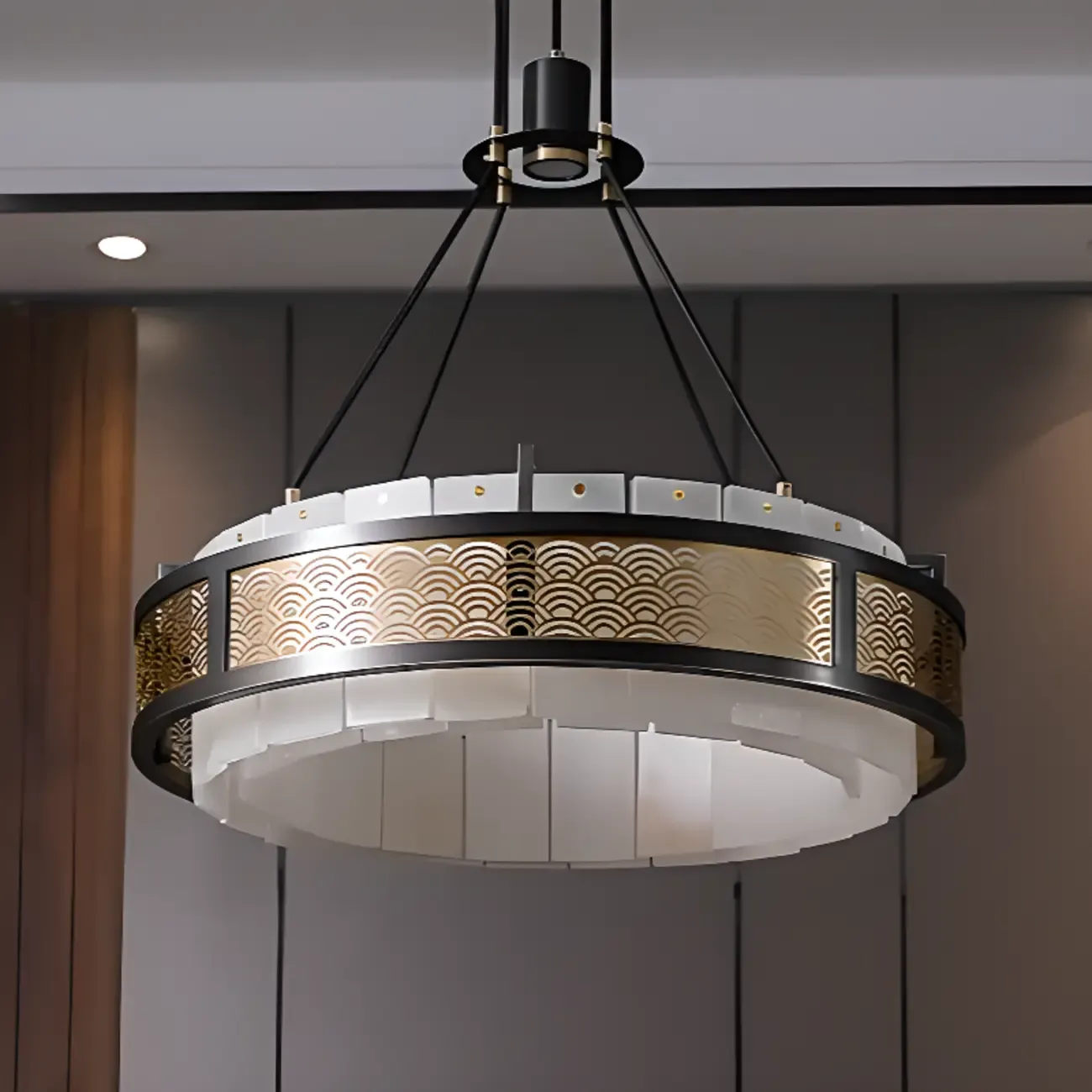 Black Metal Circle Stone Shade Modern Pendant Chandelier