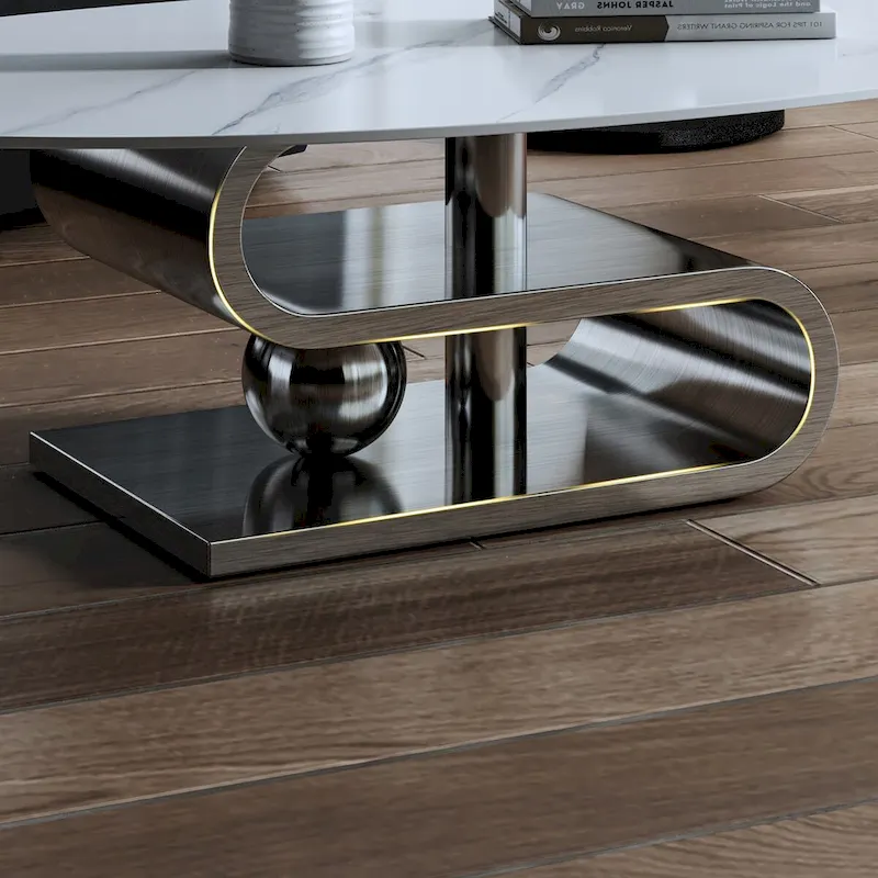 Exquisite Modern Oval Coffee table with white 51L Stone Top and Gold Metal Base