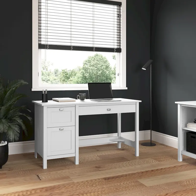 54" Computer Desk with Drawers, Pure White, File Drawer, Keyboard Tray, Contemporary