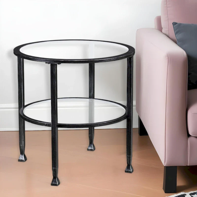 HomeRoots 24 Black Glass And Iron Round End Table - 24x24x24
