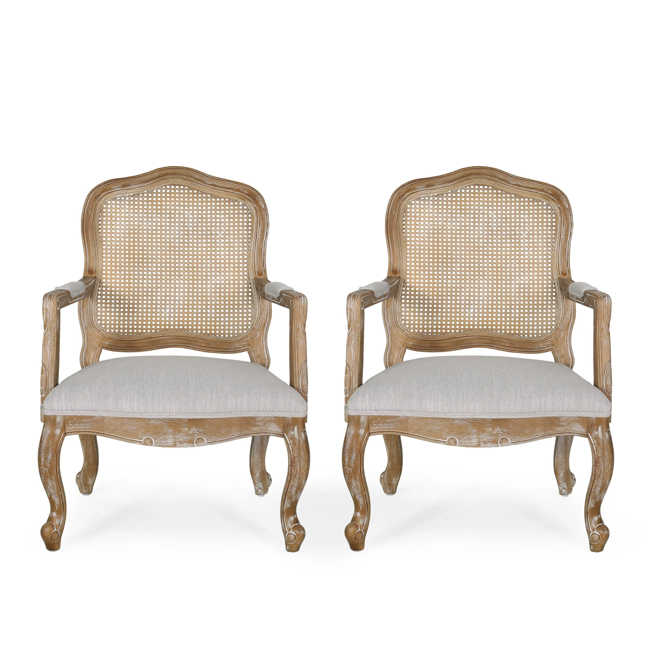 French Country Wood and Cane Upholstered Dining Armchair - NH542513