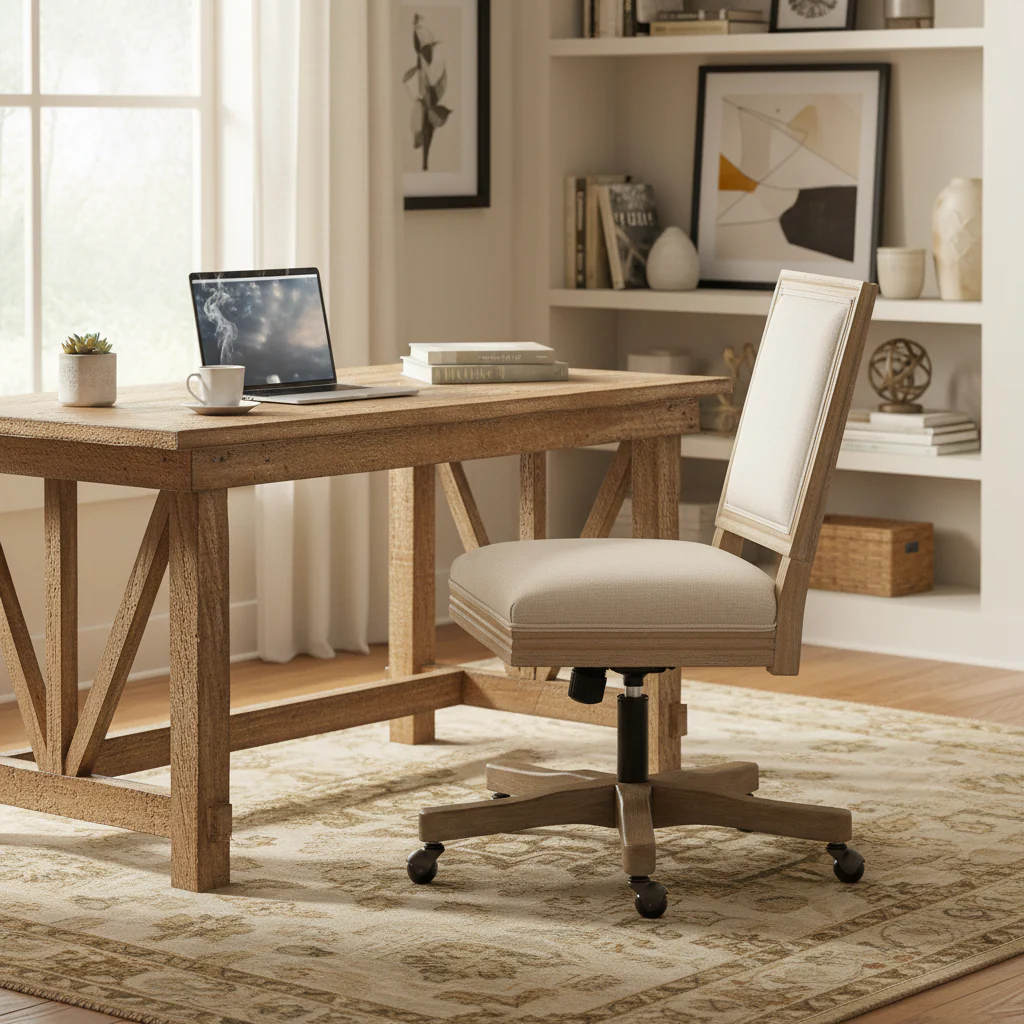 Swivel Rolling Office Chair, Beige Fabric, Weathered Light Brown Wood