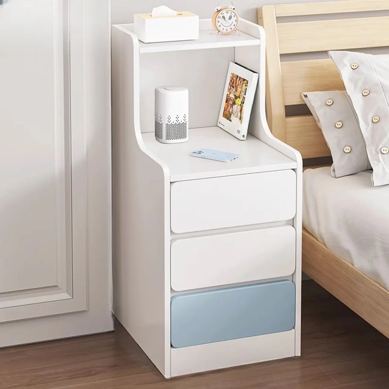 Modern Bedside Table with Drawers - White Nightstand