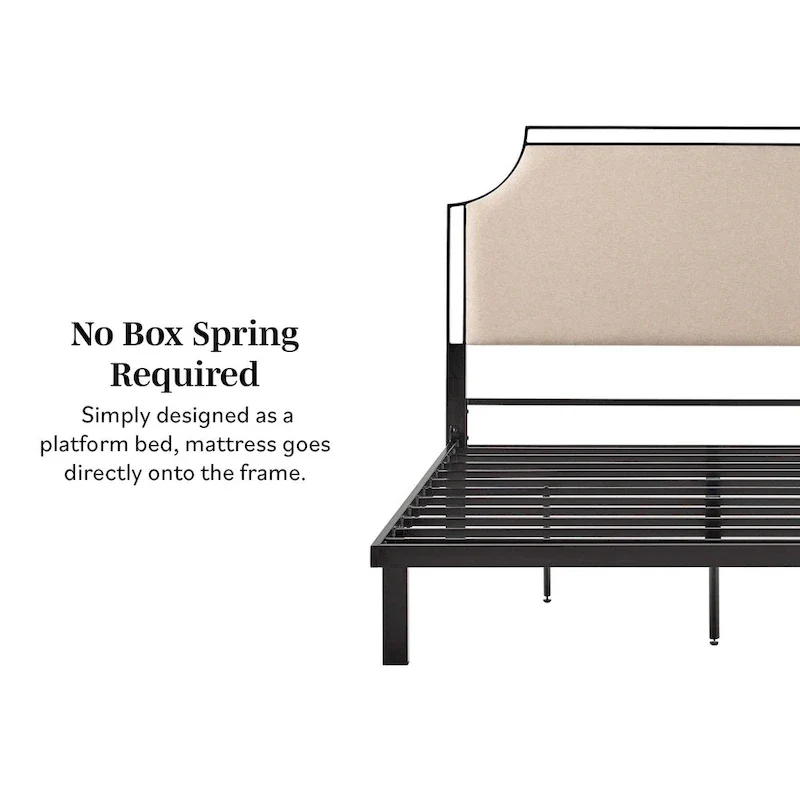Queen Upholstered Curved Metal Bed Frame with Removable Headboard Insert – Grey / Tan, for 1–2 People