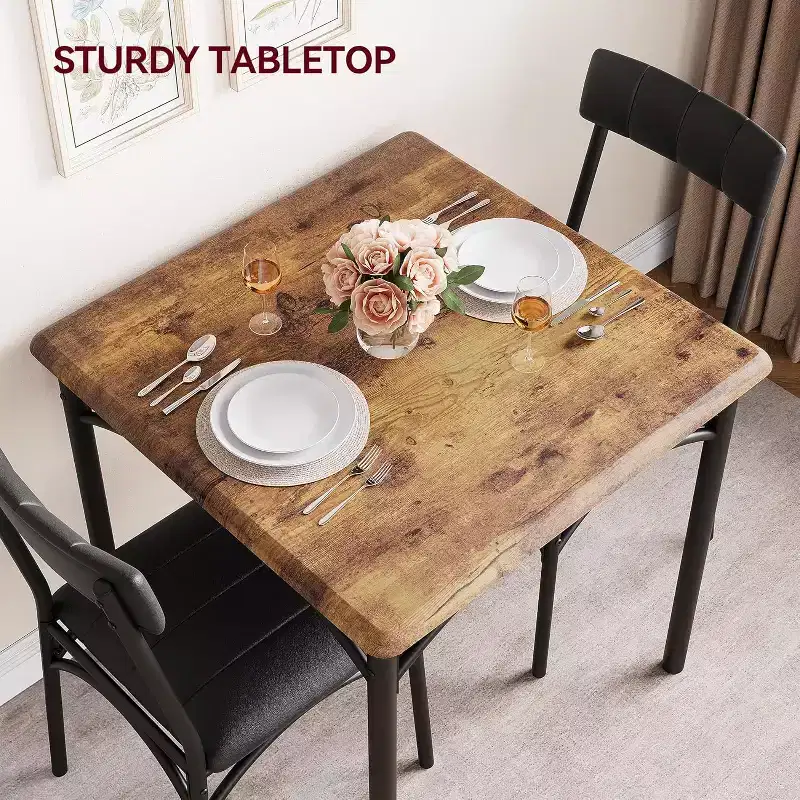 Modern Rustic Square Dining Set, 29.2' L x W 30.1' H Table, 33.7' 18.4' 17' Chairs, 2 Person, Metal & MDF, Easy Assembly, Space-Saving