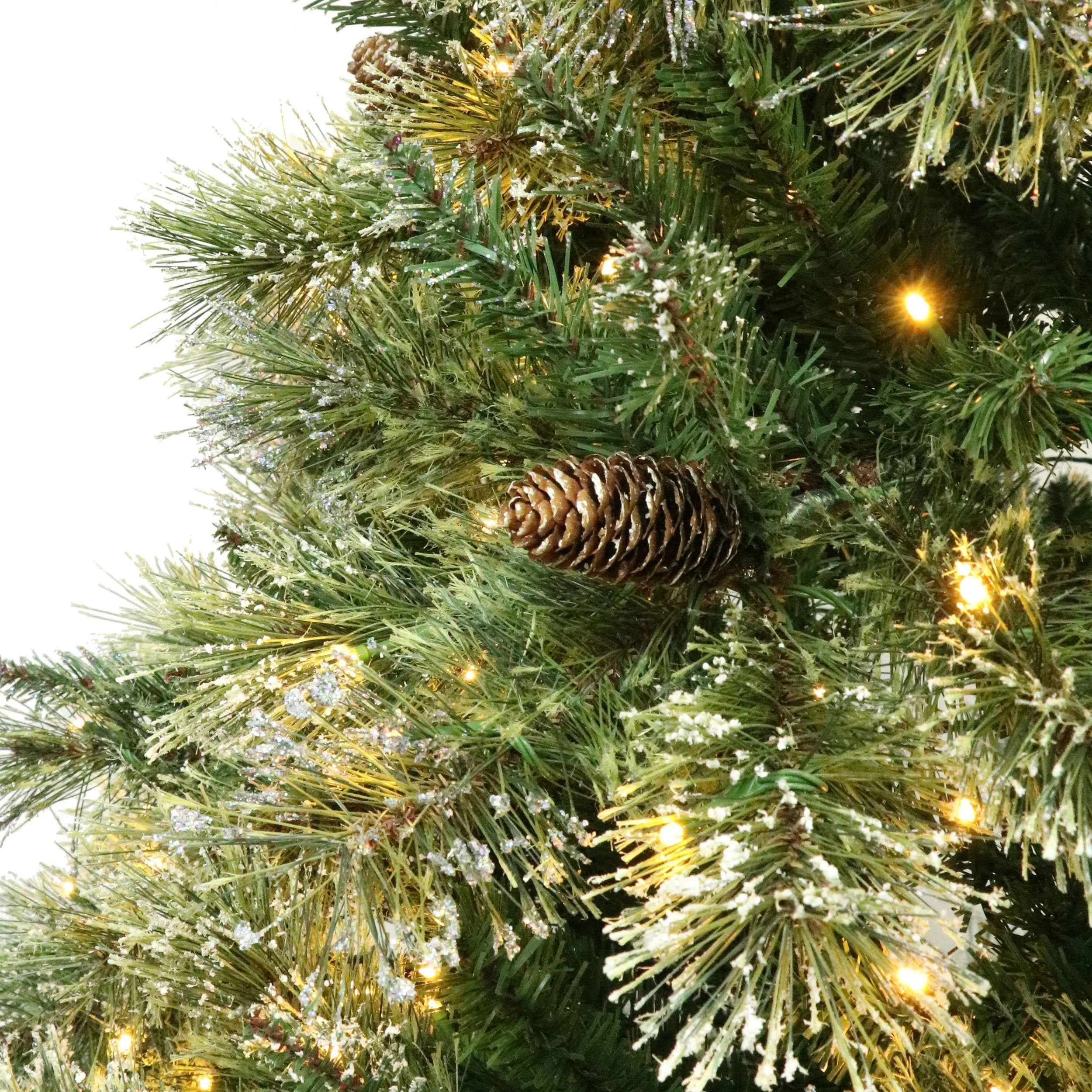 Cashmere Pine and Mixed Needles Pre-Lit Clear LED Hinged Artificial Christmas Tree with Snow and Glitter Branches and Frosted Pinecones - NH612513