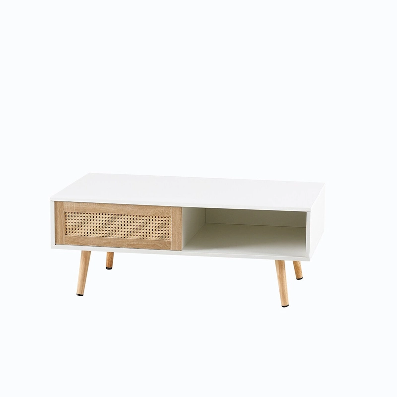 Mieres Modern Coffee Table, Rectangle Wooden Coffee Table with Rattan Woven Door Panel and Solid Wood Legs