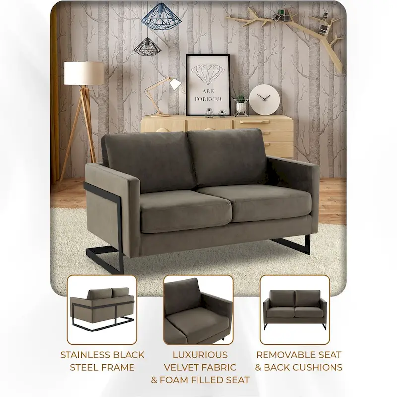 Upholstered Loveseat Sofa in Velvet Fabric with Removable Cushions and Stainless Steel Frame
