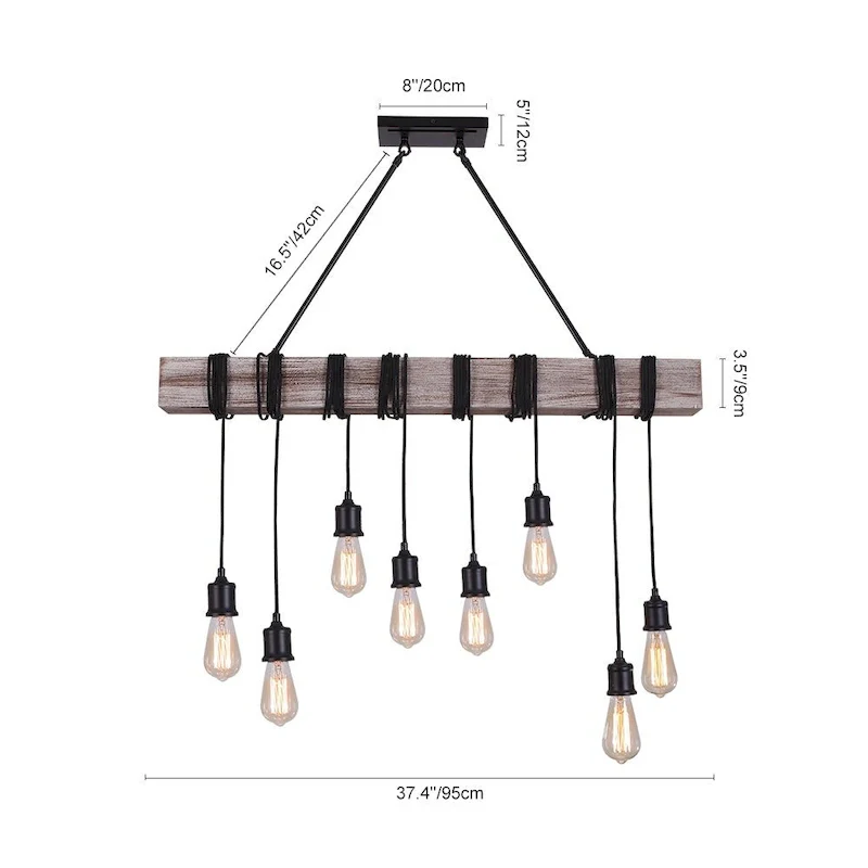 8-light Wooden Rope Kitchen Island Linear Pendant - Black