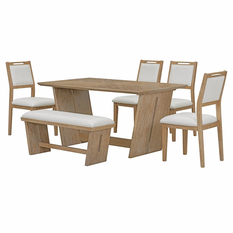 6 Pcs Dining Table Set, Wood Dining Kitchen Table and Chairs Set with Rectangular Table, 4 Upholstered Chairs and 1 Bench