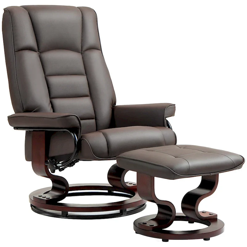 Recliner with Ottoman, Swivel Recliner Chair and Ottoman, Faux Leather Reclining Chair with High Back and Wood Frame