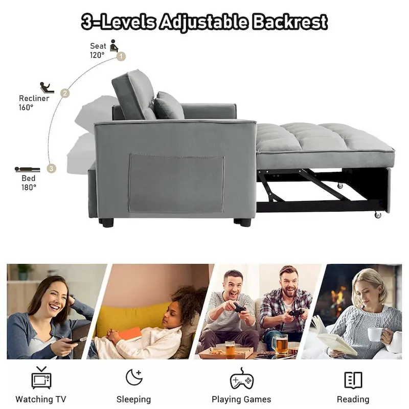 Convertible Sleeper Loveseat, 3-Position Backrest, Velvet, Foam, Side Pockets, USB, Seats 2/Twin Bed, Blue/Black/Grey