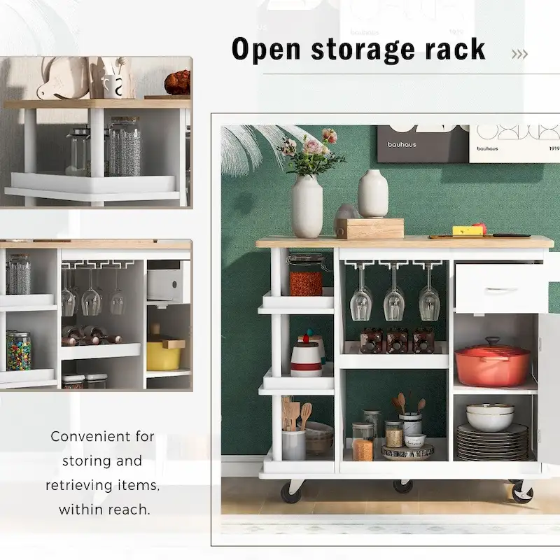 Rubber Wood Kitchen Cart with Adjustable Shelves and Wine Rack