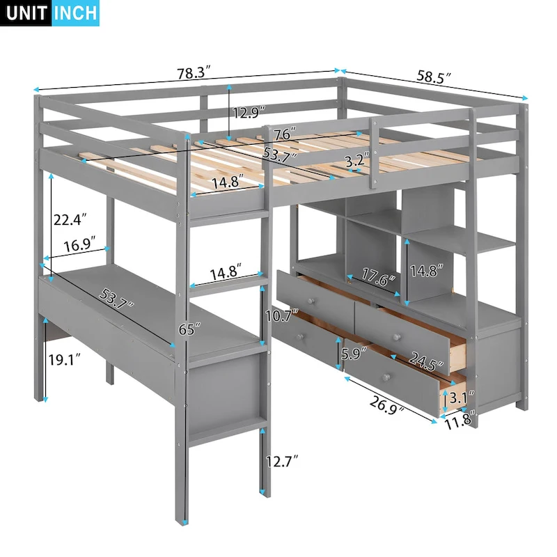 Pine Loft Bed with Built-in Desk & Drawers