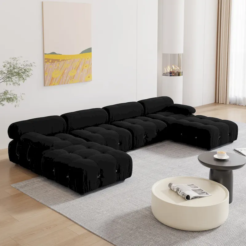 Black Velvet Upholstered Sectional Sofa
