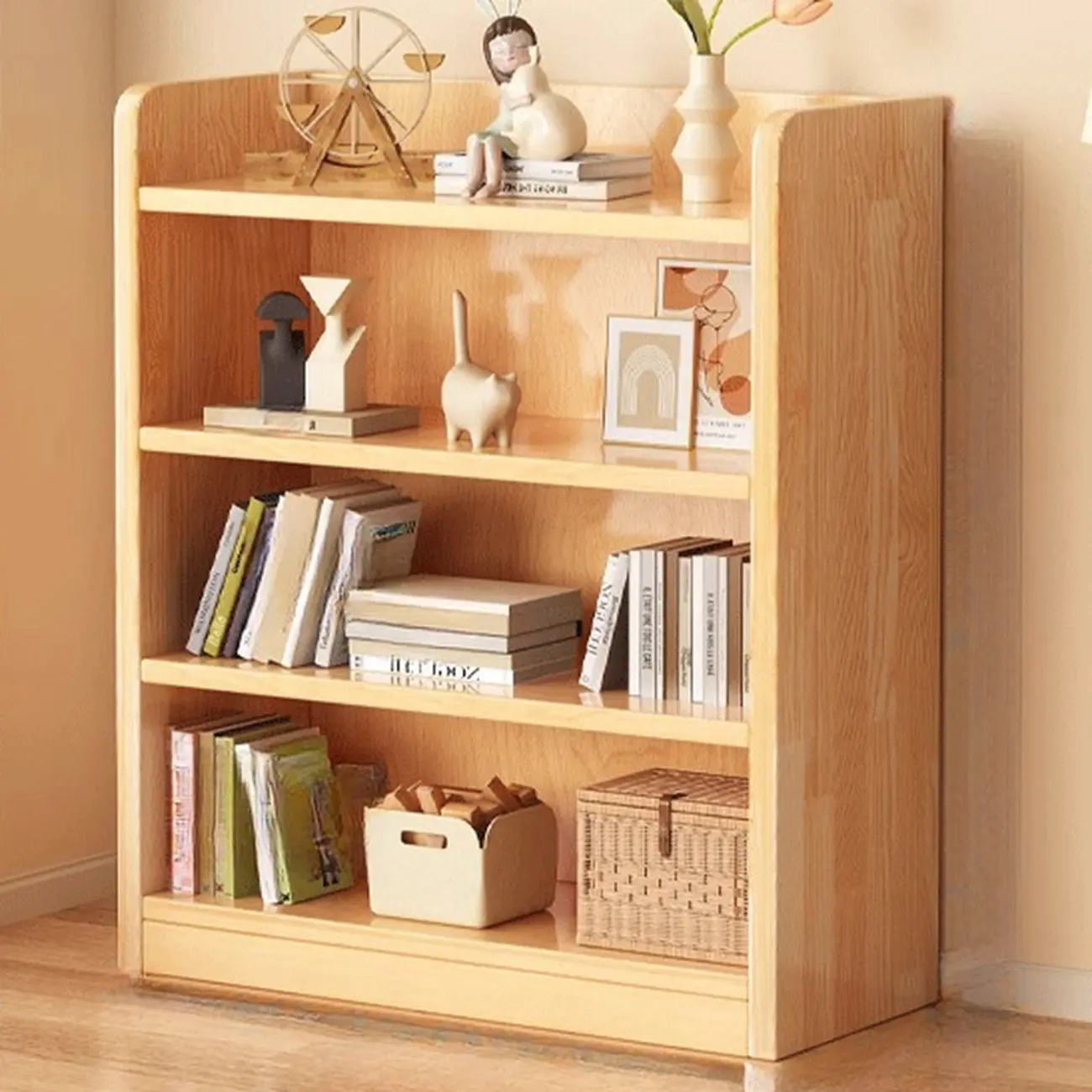 Narrow Vertical Modern Wooden Bookcase in Natural Finish