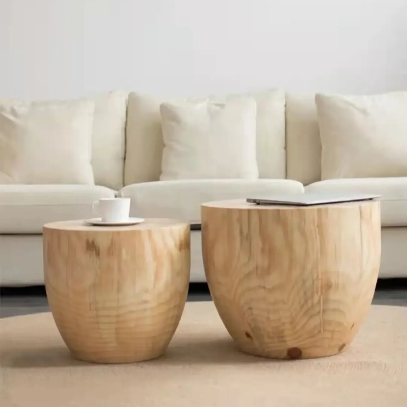 Natural Wood Drum-Shaped Nesting Chairside Table