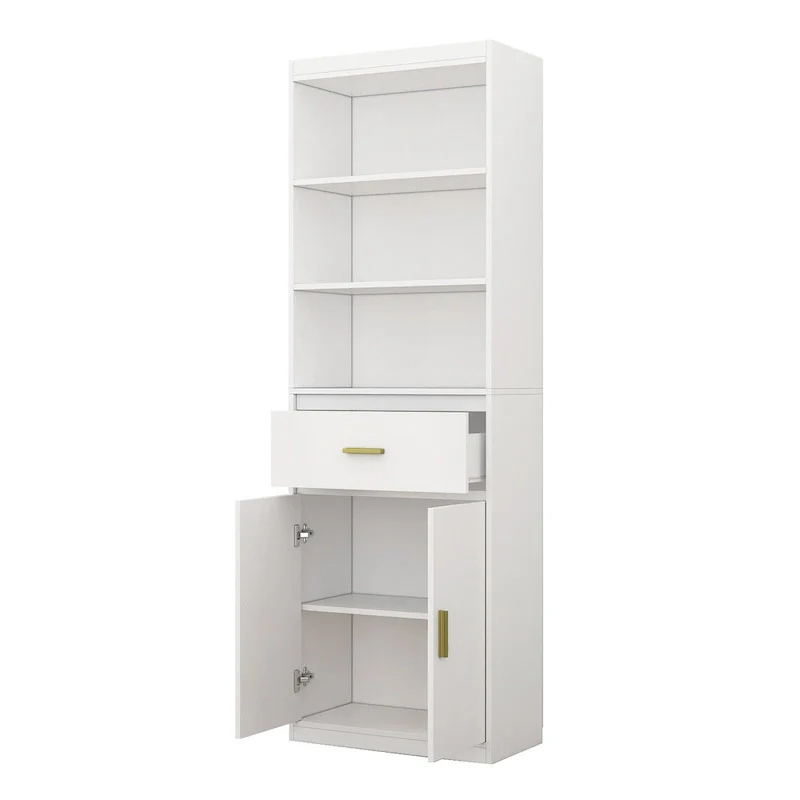 White Tall Linen Cabinet with 2 Doors, 1 Drawer & 2 Open Shelves
