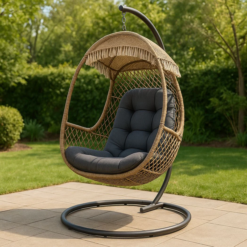 Fauteuil suspendu en rotin synthétique avec structure en acier, coussin polyester, Brun/Gris, 200 cm x 95 cm x 75 cm