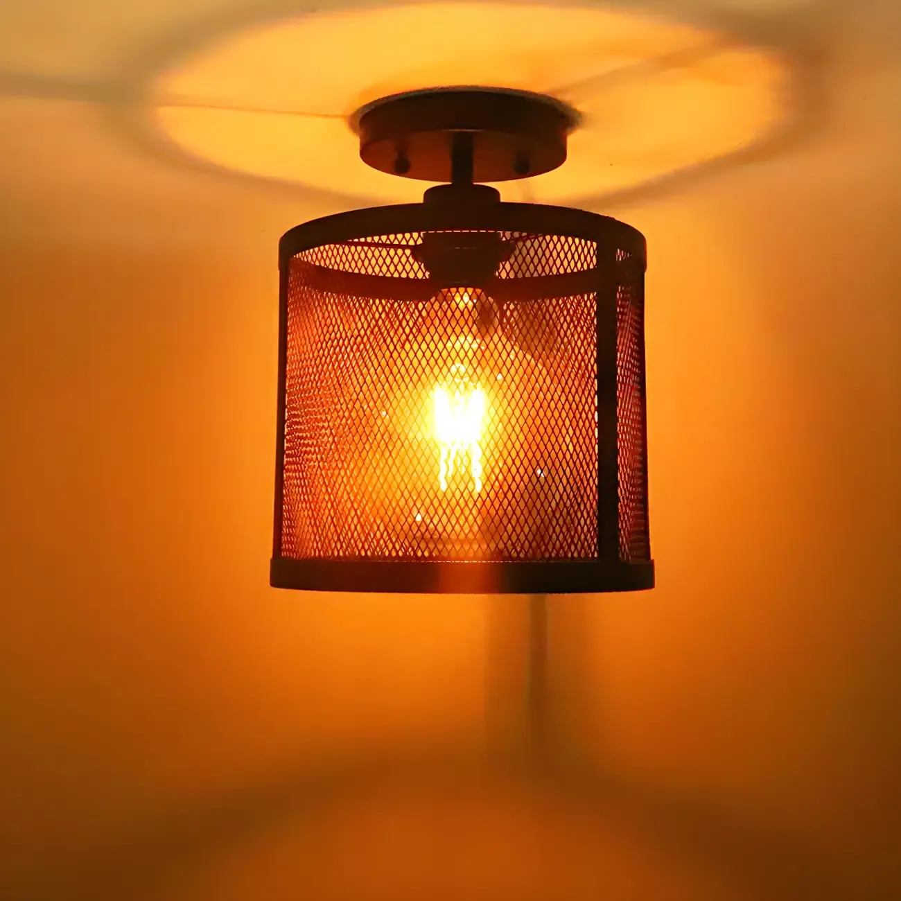 Industrial Black Iron Mesh Cylinder Semi Flush Ceiling Light