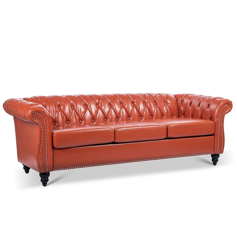 84.65 Chesterfield Tufted Faux Leather Sofa with Rolled Arms