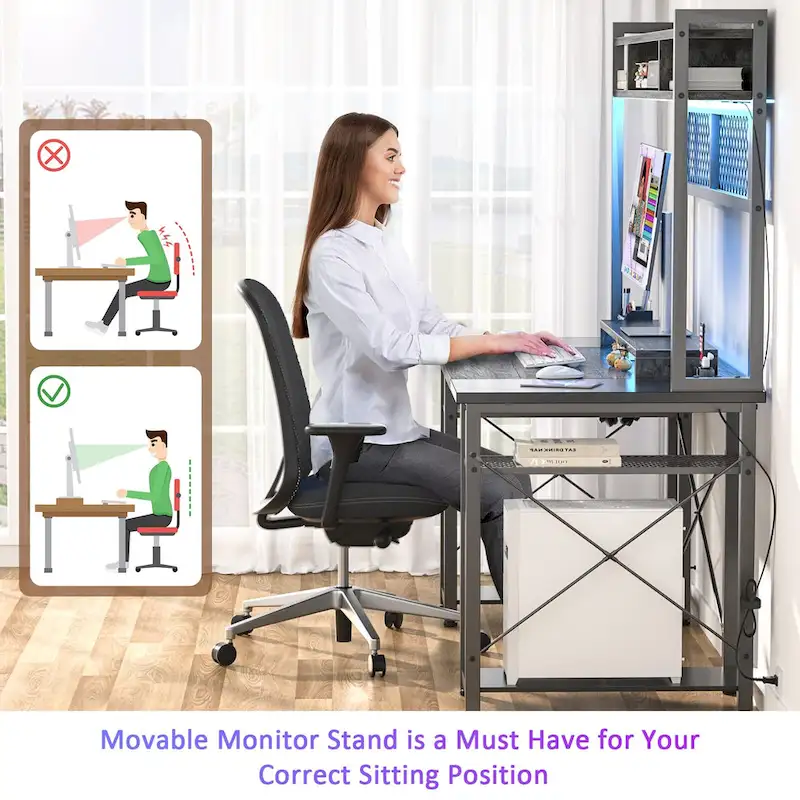 Gaming Deck with Charge Station and LED Light, Computer Table with Hutch and Shelves