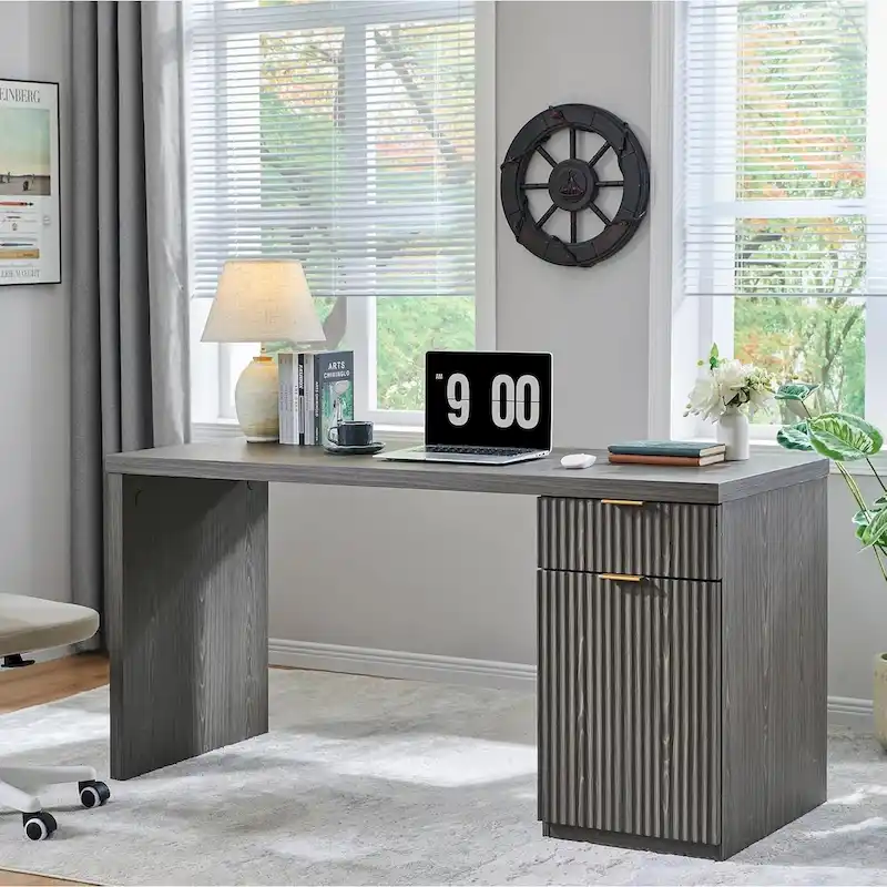 60 Modern Executive Desk, Wood Home Office Desk, Fluted Computer Desk