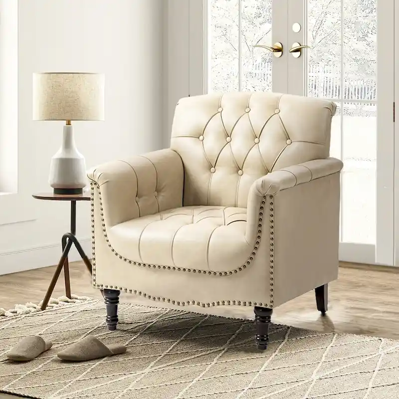 PU Leather Tufted Accent Chair with Nailhead Trim Armchair