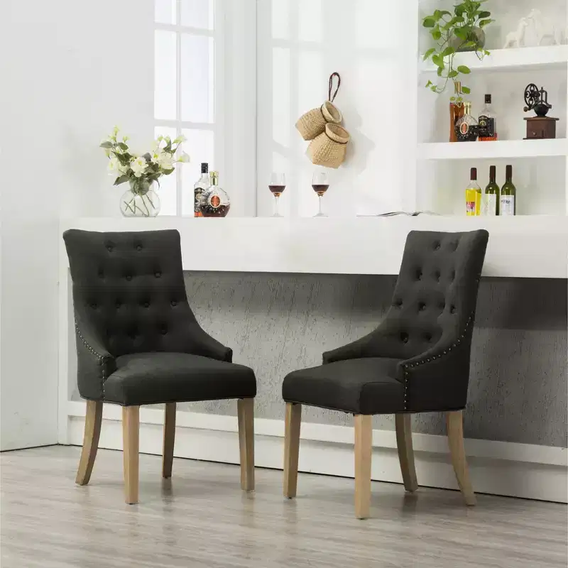 Roundhill Furniture Button Tufted Solid Wood Wingback Hostess Chairs with Nail Heads, Charcoal, Set of 2