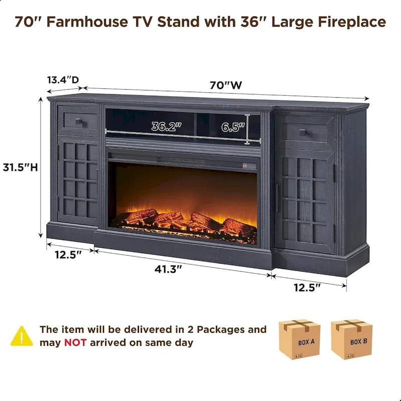 Black/Brown/White Farmhouse Electric Fireplace TV Stand, Fits 80