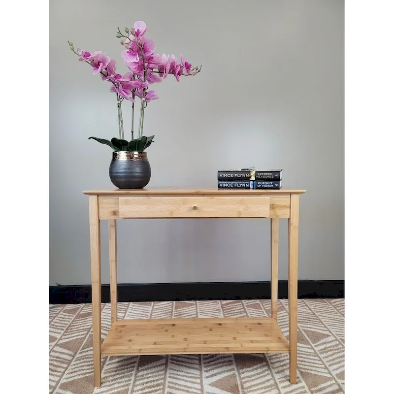 Solid Bamboo 2-Tier Console Table with Drawer