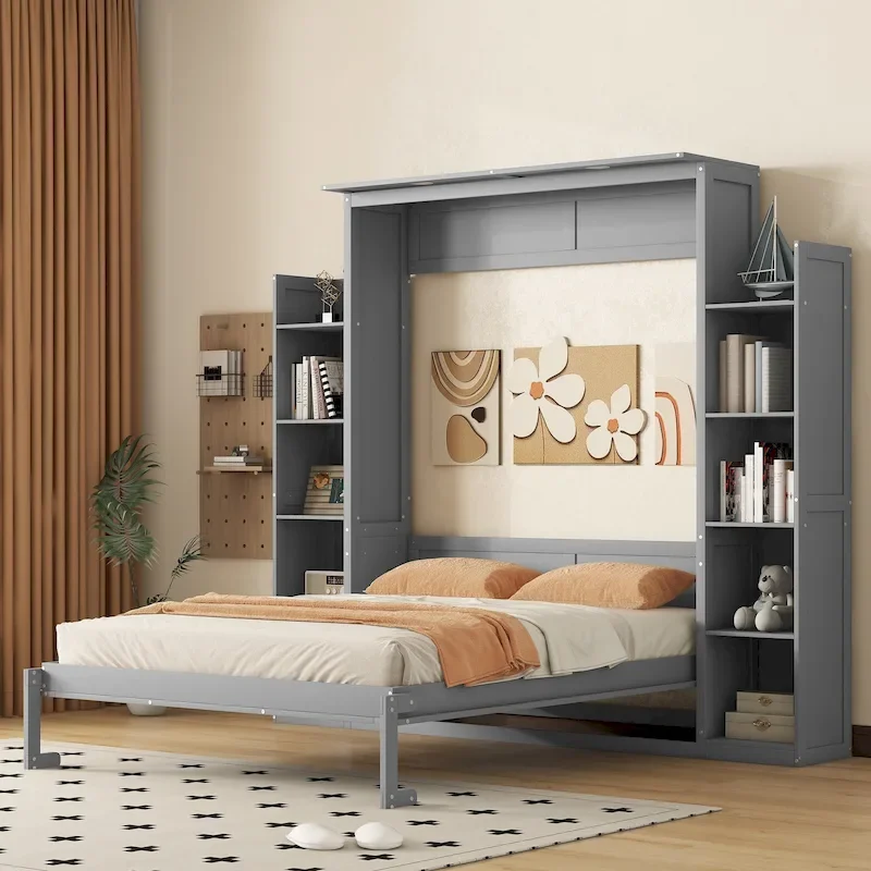 Nordic Creative Queen Size Murphy Bed with Shelves and LED Lights Wall Bed for Kids Teens Adults Space-Saving, Easy Assembly