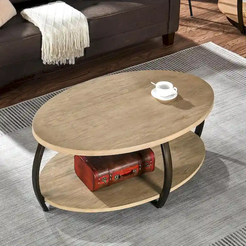 Oval Coffee Table, Industrial 2-Tier Elliptic Coffee Table