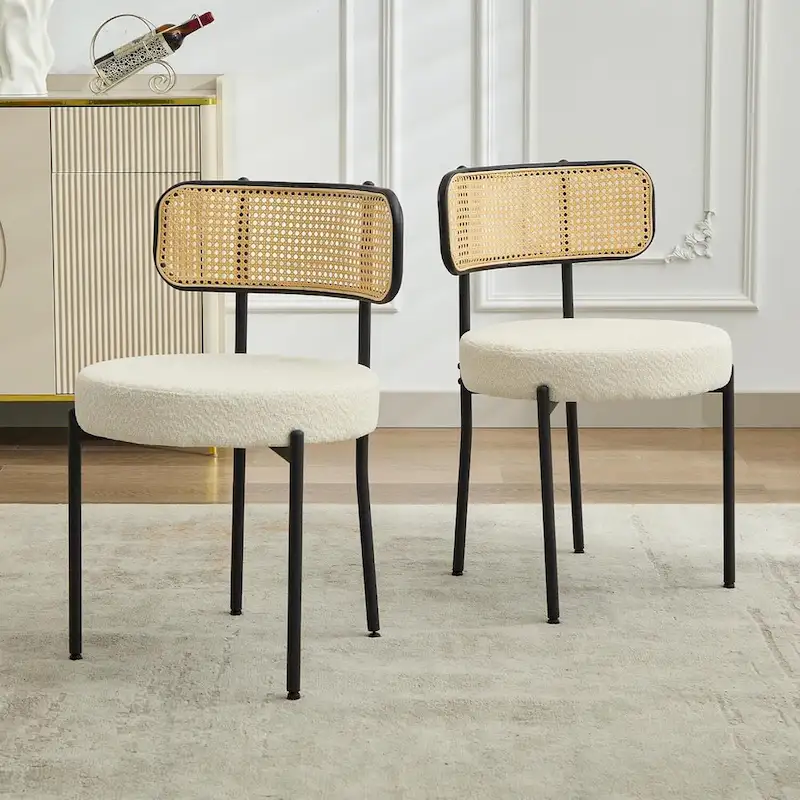 XINMICS Mid-Century Modern Dining Chairs, Boucle Upholstered Metal Side Chair with Rattan Cane Back, Set of 2 - set of 2