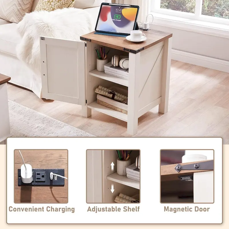 Farmhouse Wood Nightstand with Charging Station, End Table, Side Table