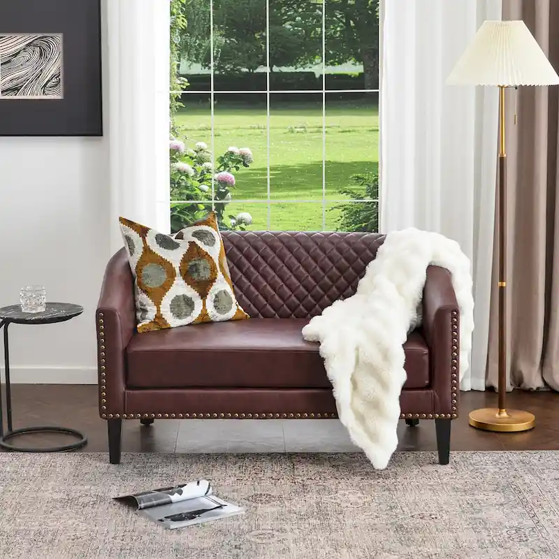 KINWELL 50W Tufted Faux Leather Upholstered Small Loveseat Sofa
