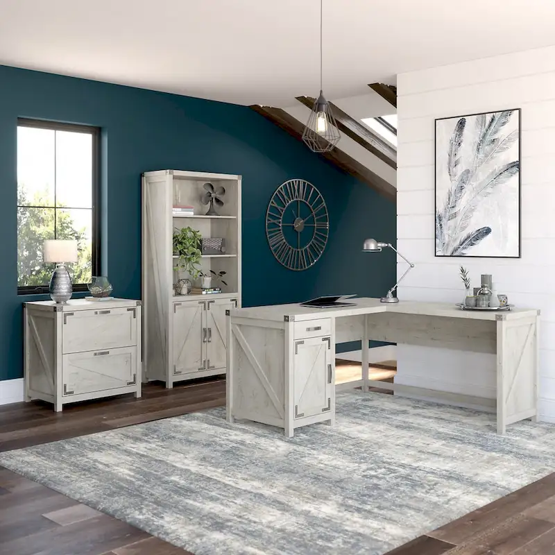 60W L-Desk with File Cabinet and Bookcase