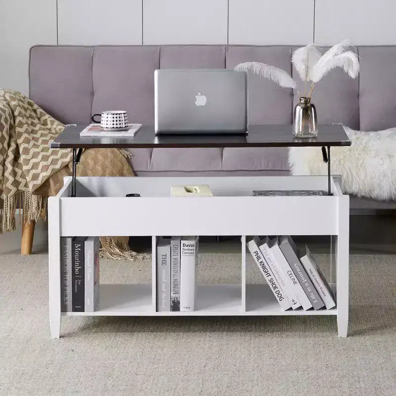 Adjustable Solid Wood Leg Double-Layer White Frame, Light Brown Panel with Wood Grain Finish, Rectangular P2 Board Coffee Table