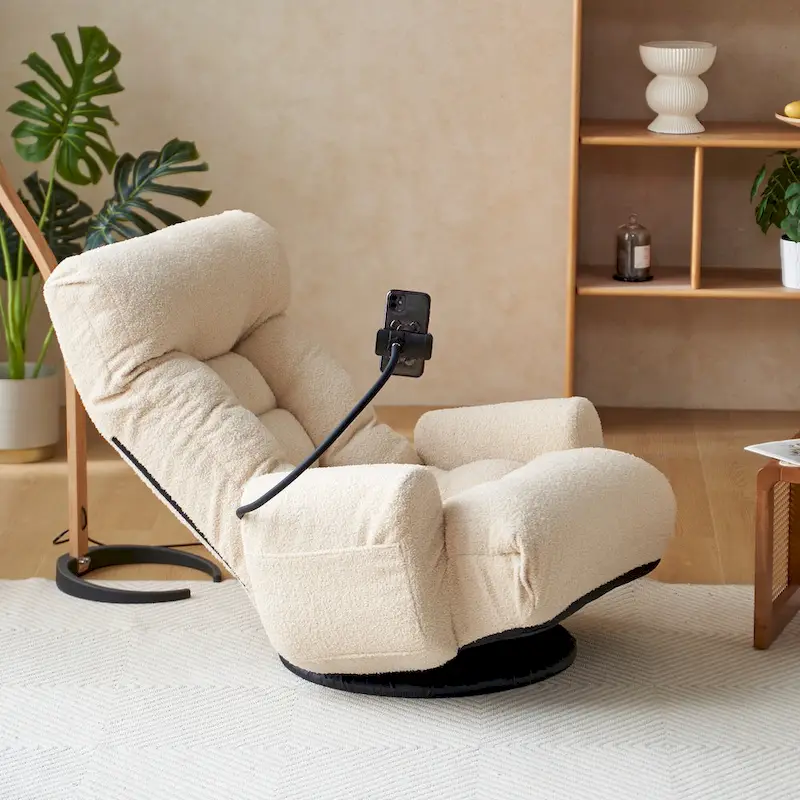 Beige Boucle Swivel Recliner with Phone Holder, Adjustable Headrest, and Backrest